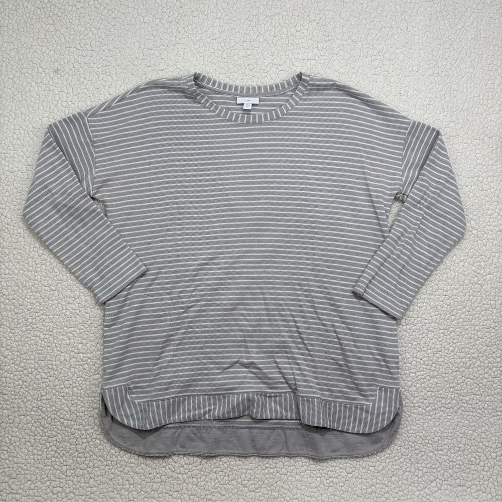 J. Jill Grey Stripe Waffle Knit Crewneck Shirttail Tunic Top Large Petite Basic